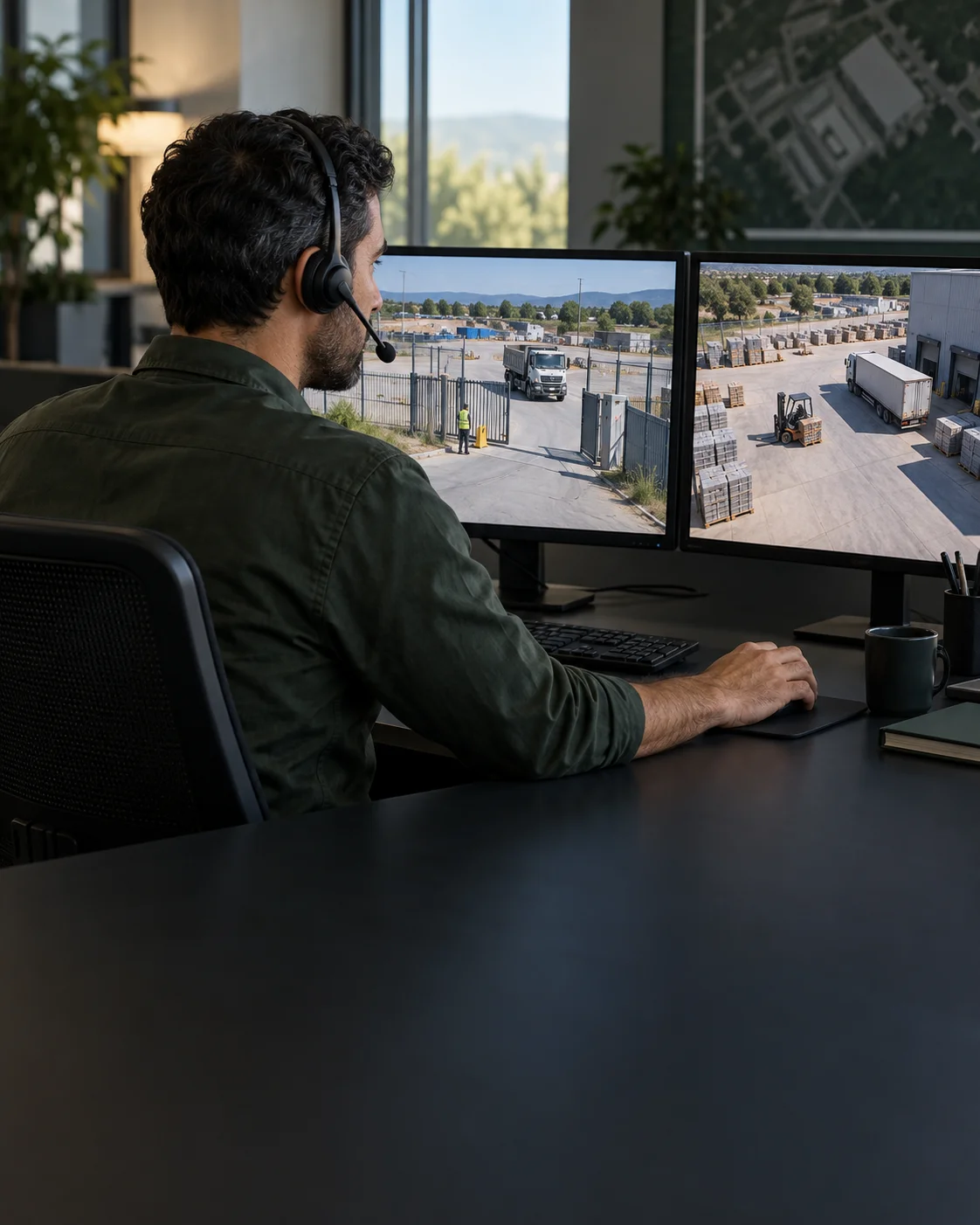 Illustrative scene of a security operator reviewing camera views of a project site